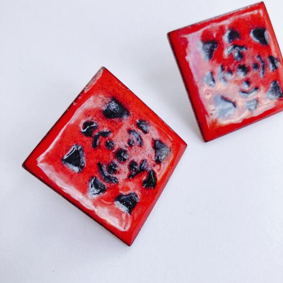 VTG Mid Century Red Enamel Copper Screw Back Earring Modernist Geometric Jewelry - Picture 4 of 8